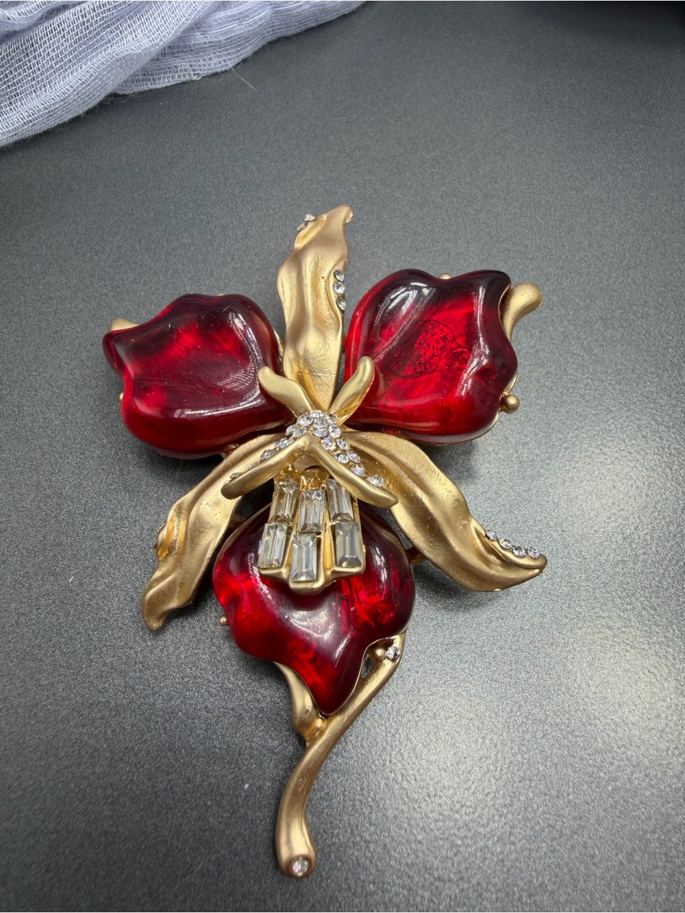 Ruby Red & Gold Floral Brooch with Rhinestones #293ub